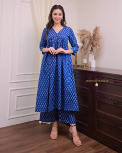 Navy Blue Paisley A Line Cotton Kurta Set