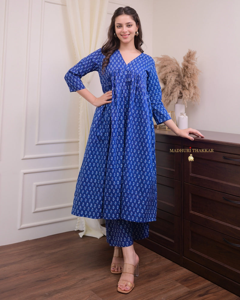 Navy Blue Paisley A Line Cotton Kurta Set