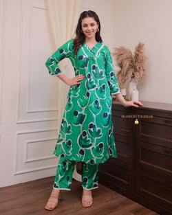 Bottle Green Floral Lace Cotton Kurta Set