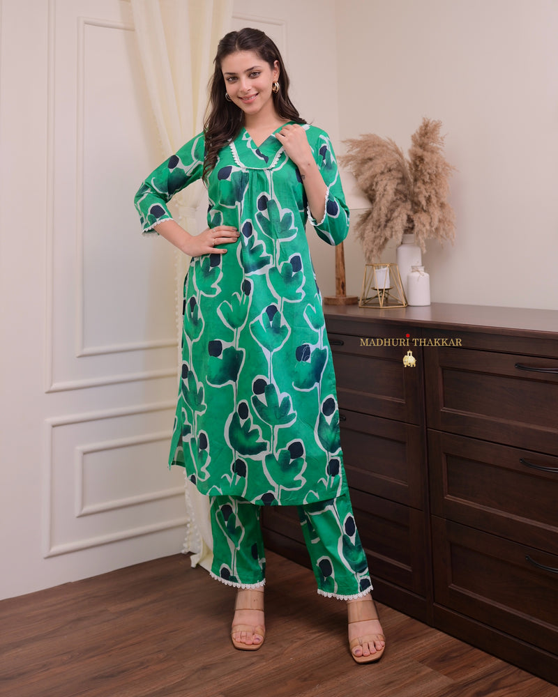 Bottle Green Floral Lace Cotton Kurta Set