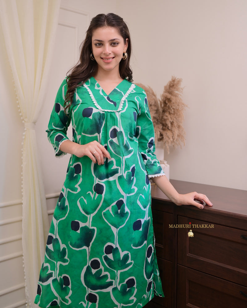 Bottle Green Floral Lace Cotton Kurta Set