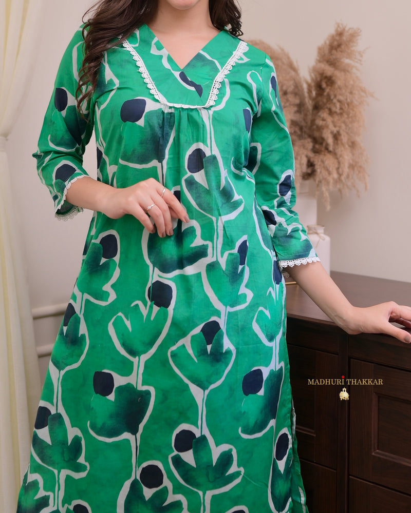 Bottle Green Floral Lace Cotton Kurta Set