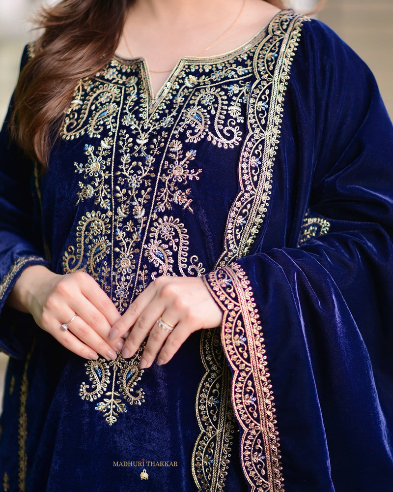 Navy Blue Golden Handwork Premium Velvet Suit