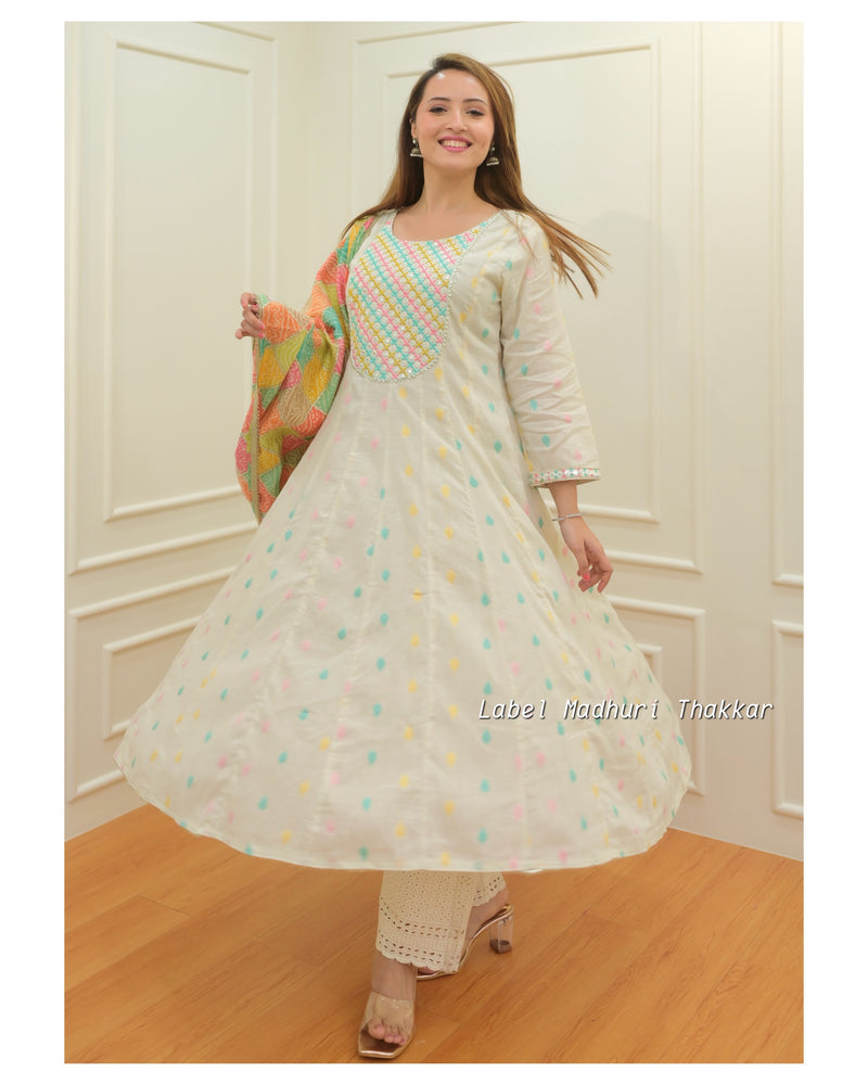 Ivory A Line Cotton Embroidered Suit