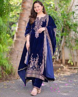 Navy Blue Golden Handwork Premium Velvet Suit