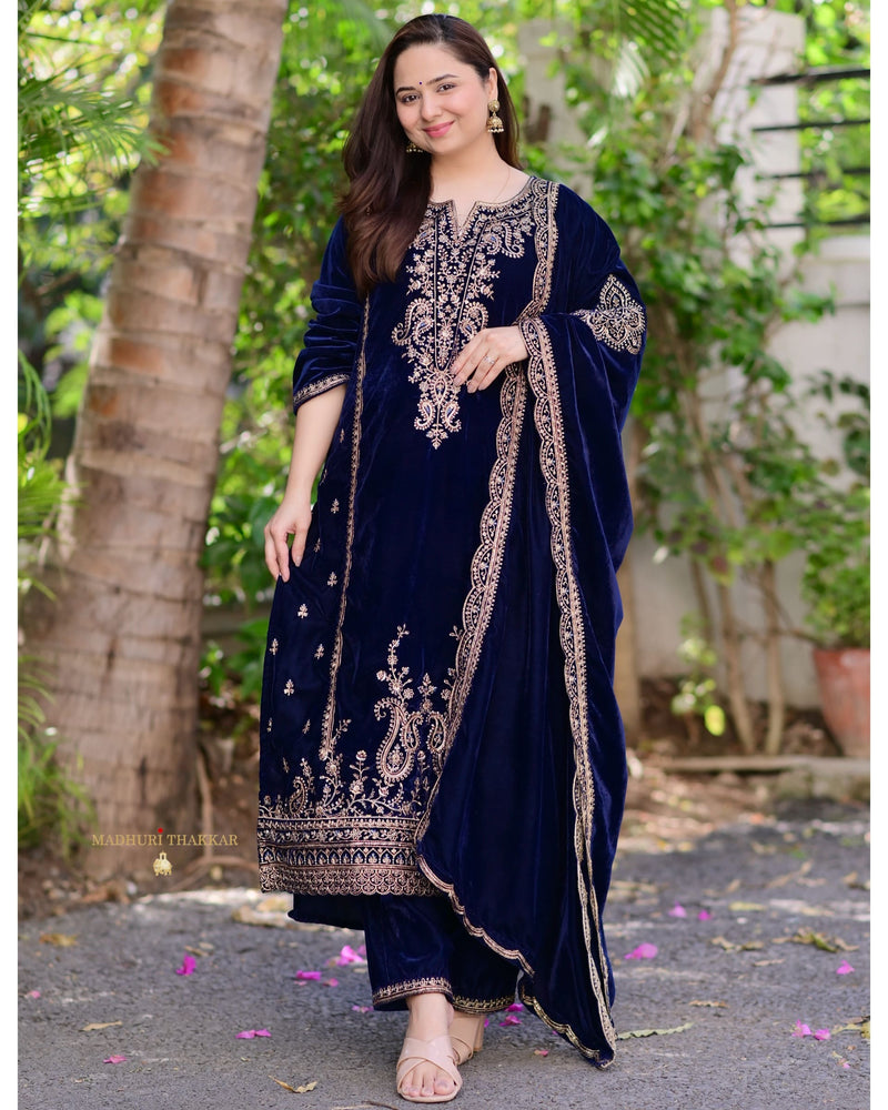 Navy Blue Golden Handwork Premium Velvet Suit