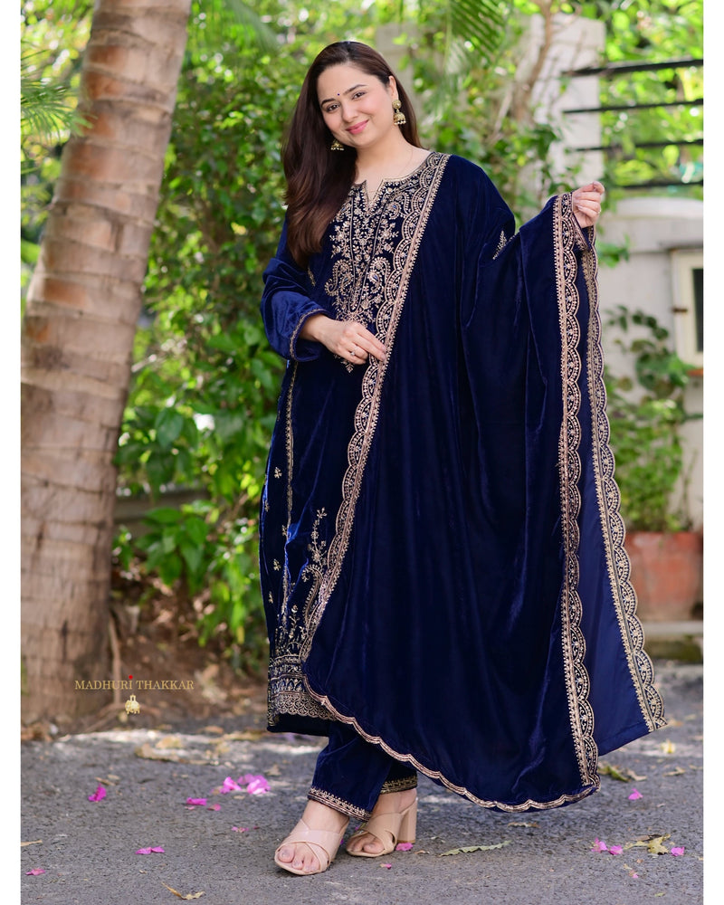 Navy Blue Golden Handwork Premium Velvet Suit