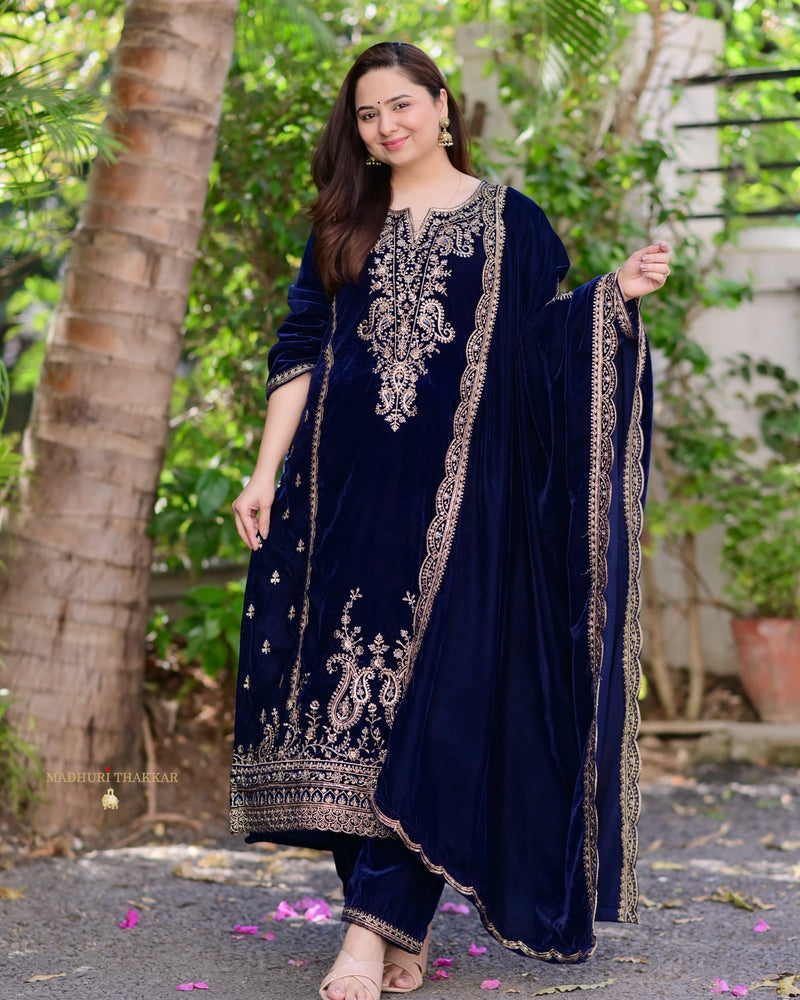 Navy Blue Golden Handwork Premium Velvet Suit