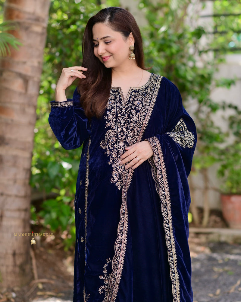 Navy Blue Golden Handwork Premium Velvet Suit