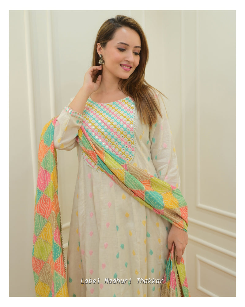 Ivory A Line Cotton Embroidered Suit