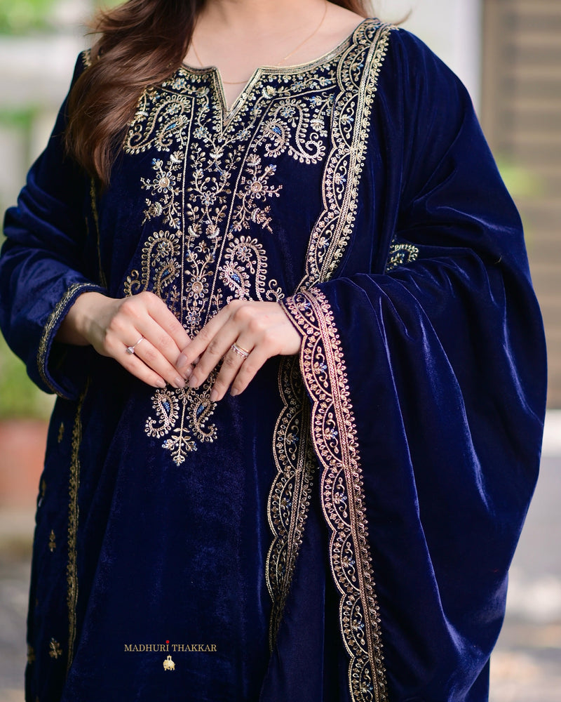 Navy Blue Golden Handwork Premium Velvet Suit