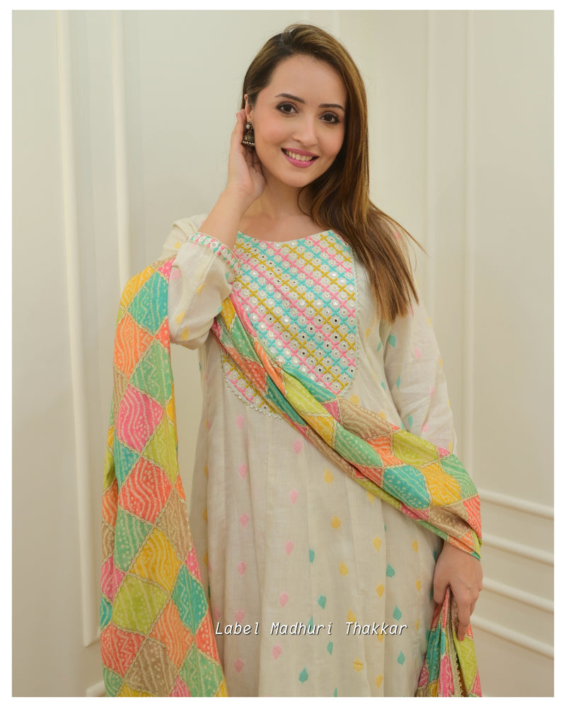 Ivory A Line Cotton Embroidered Suit