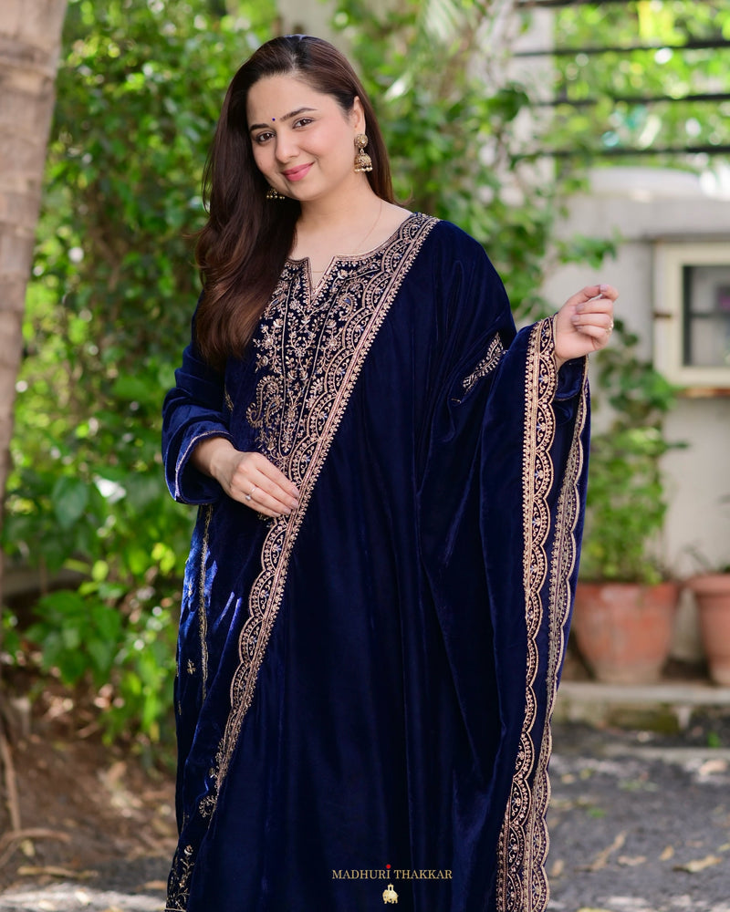 Navy Blue Golden Handwork Premium Velvet Suit