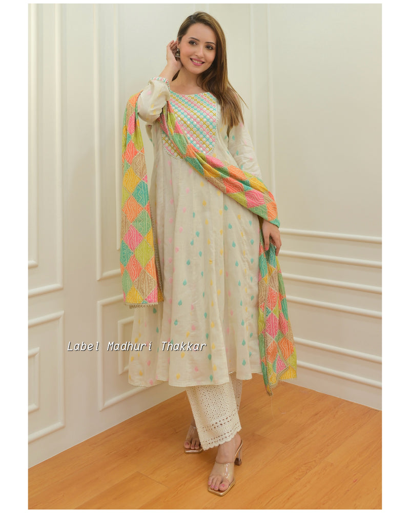 Ivory A Line Cotton Embroidered Suit