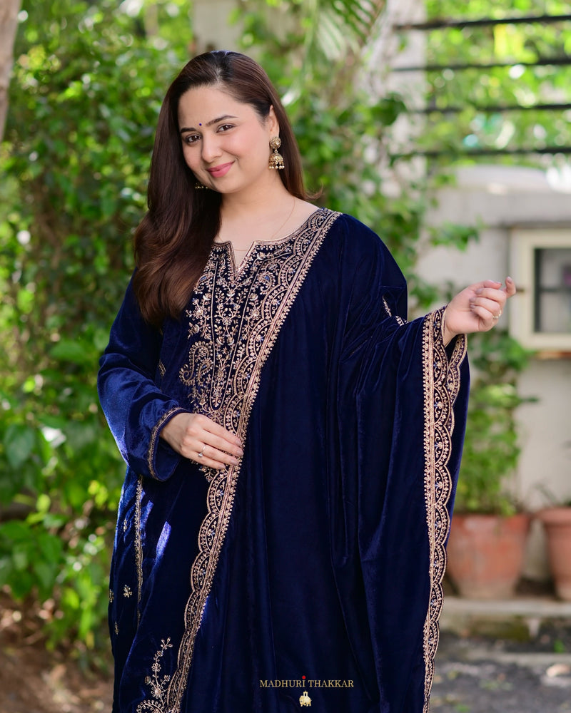 Navy Blue Golden Handwork Premium Velvet Suit