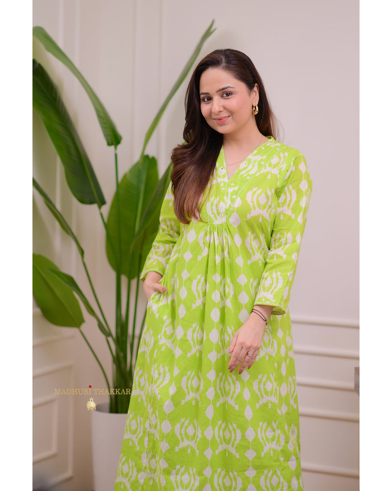 Parrot Green Baroque Kantha Cotton Palazzo Set