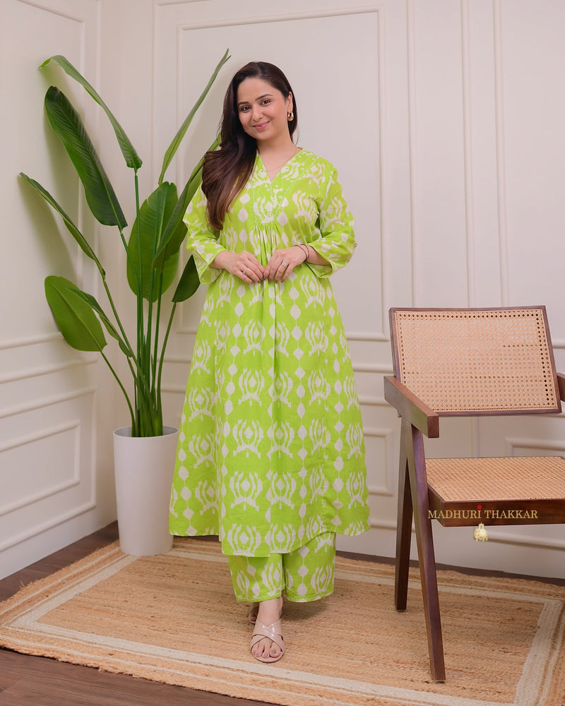 Parrot Green Baroque Kantha Cotton Palazzo Set