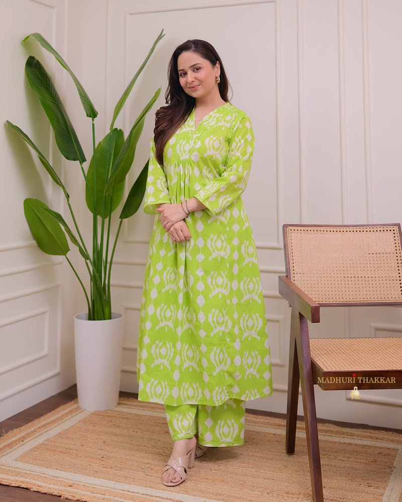 Parrot Green Baroque Kantha Cotton Palazzo Set