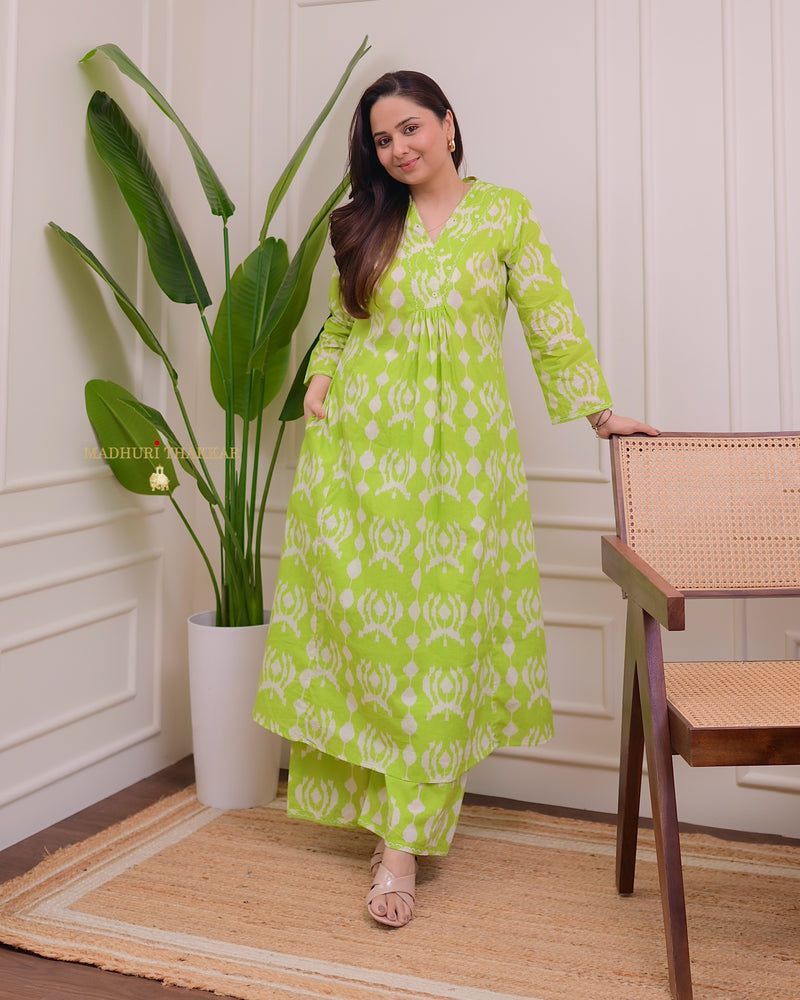 Parrot Green Baroque Kantha Cotton Palazzo Set