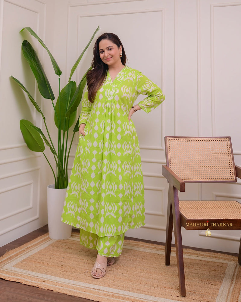 Parrot Green Baroque Kantha Cotton Palazzo Set