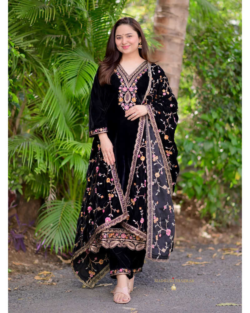 Black Thread Embroidered Premium Velvet Suit