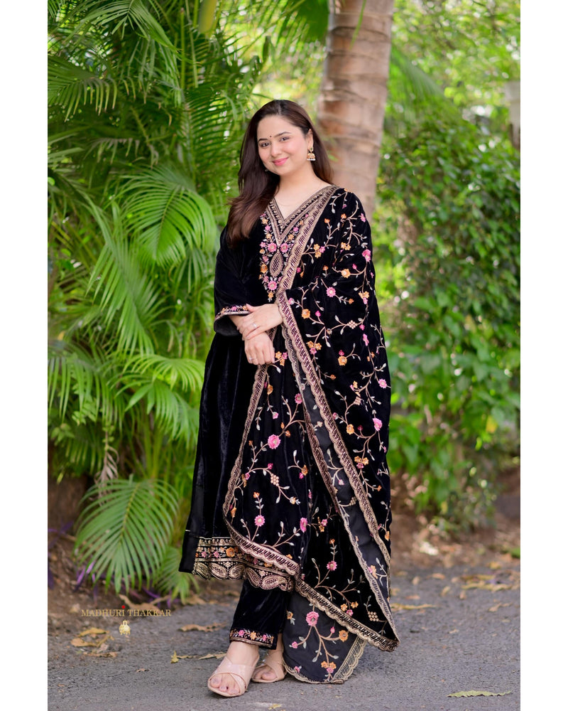 Black Thread Embroidered Premium Velvet Suit