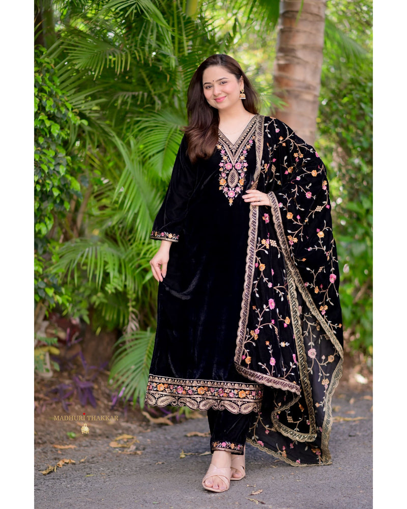 Black Thread Embroidered Premium Velvet Suit