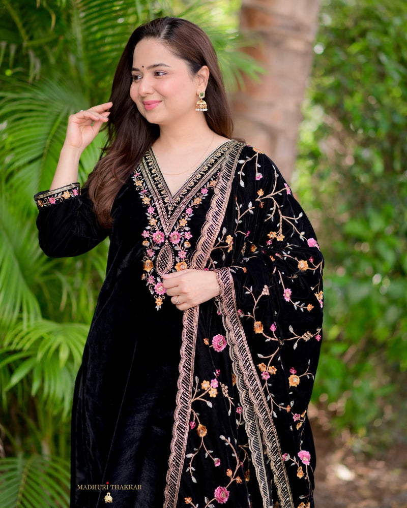 Black Thread Embroidered Premium Velvet Suit