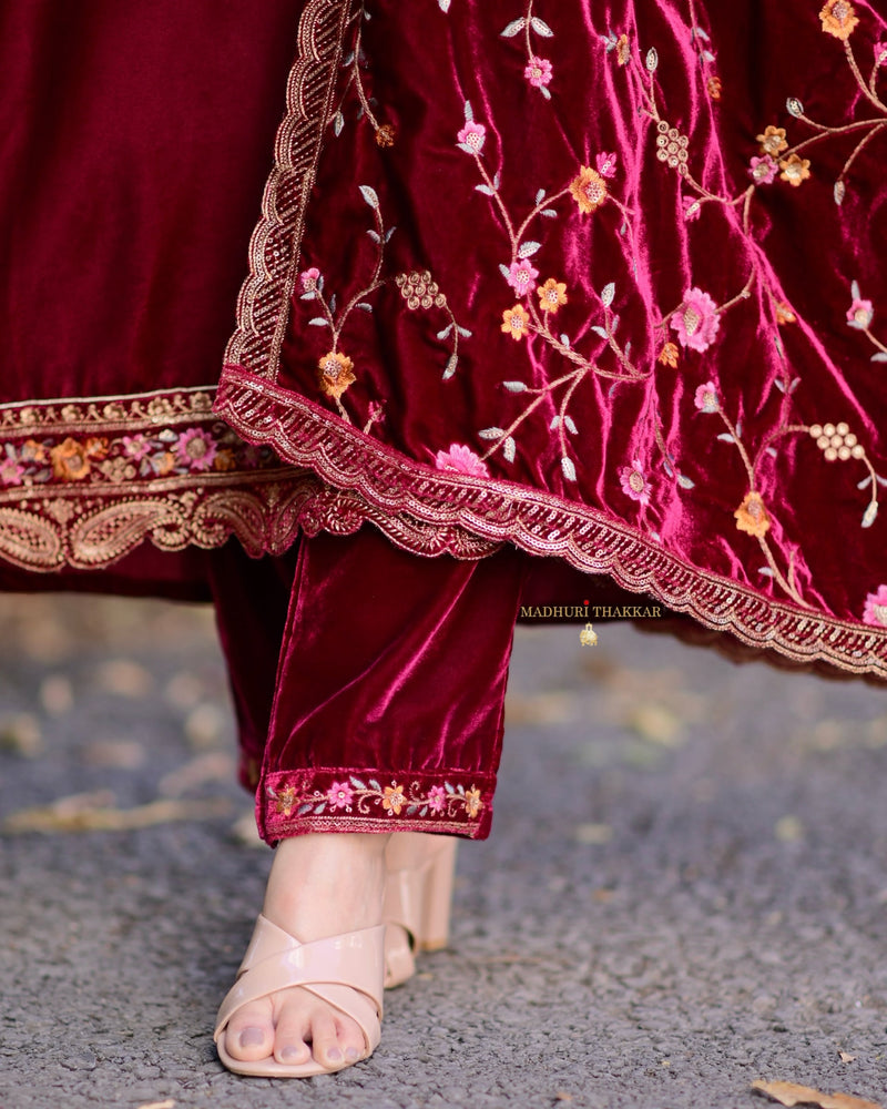 Maroon Thread Embroidered Premium Velvet Suit