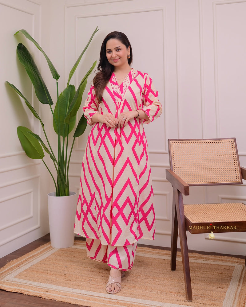 Ivory Pink Zig-Zag Kantha Cotton Palazzo Set