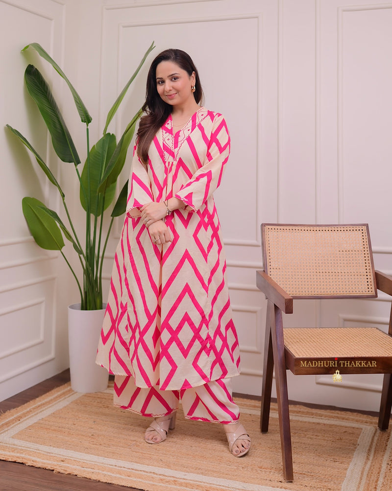 Ivory Pink Zig-Zag Kantha Cotton Palazzo Set