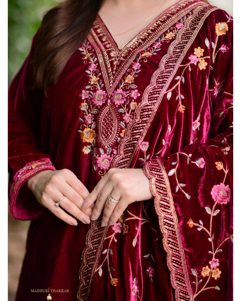 Maroon Thread Embroidered Premium Velvet Suit