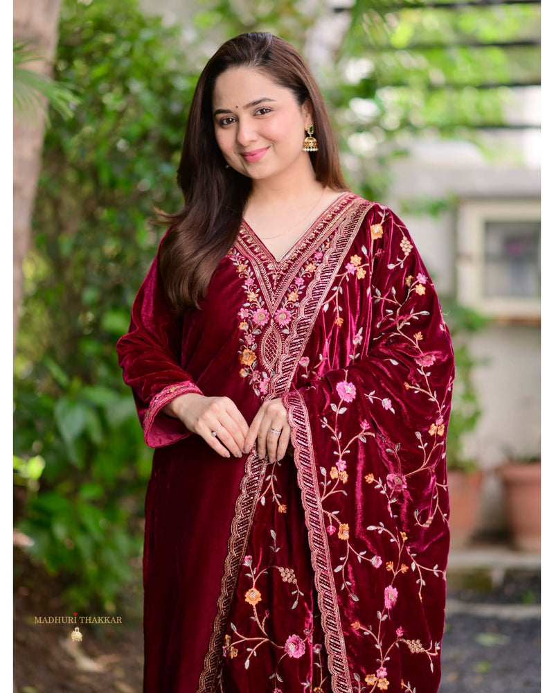 Maroon Thread Embroidered Premium Velvet Suit