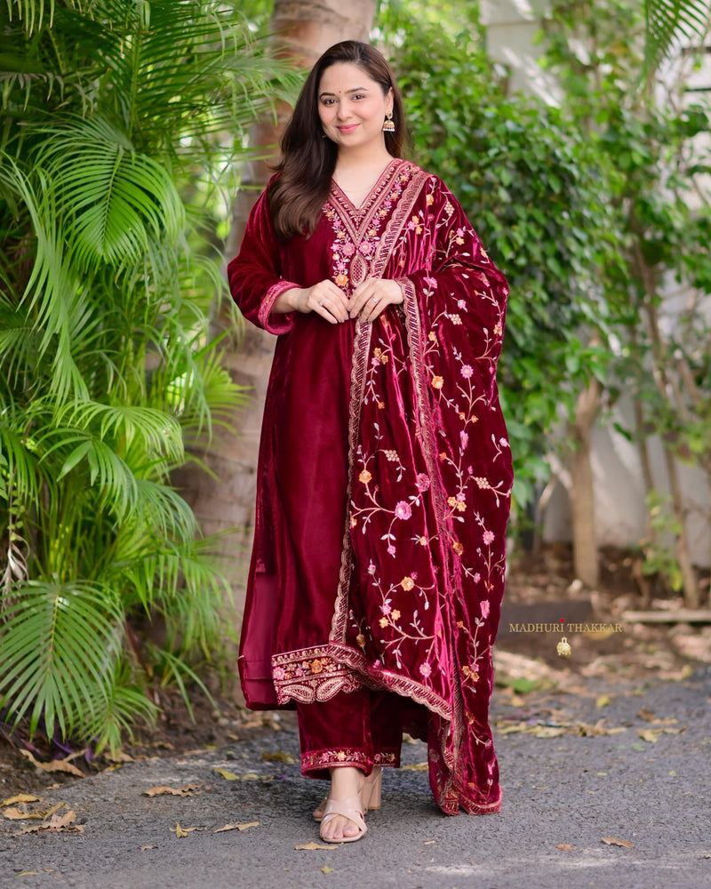 Maroon Thread Embroidered Premium Velvet Suit