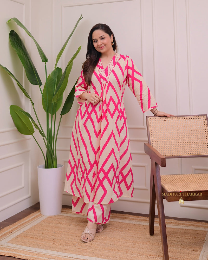 Ivory Pink Zig-Zag Kantha Cotton Palazzo Set