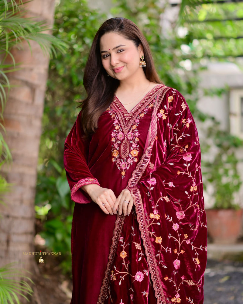 Maroon Thread Embroidered Premium Velvet Suit