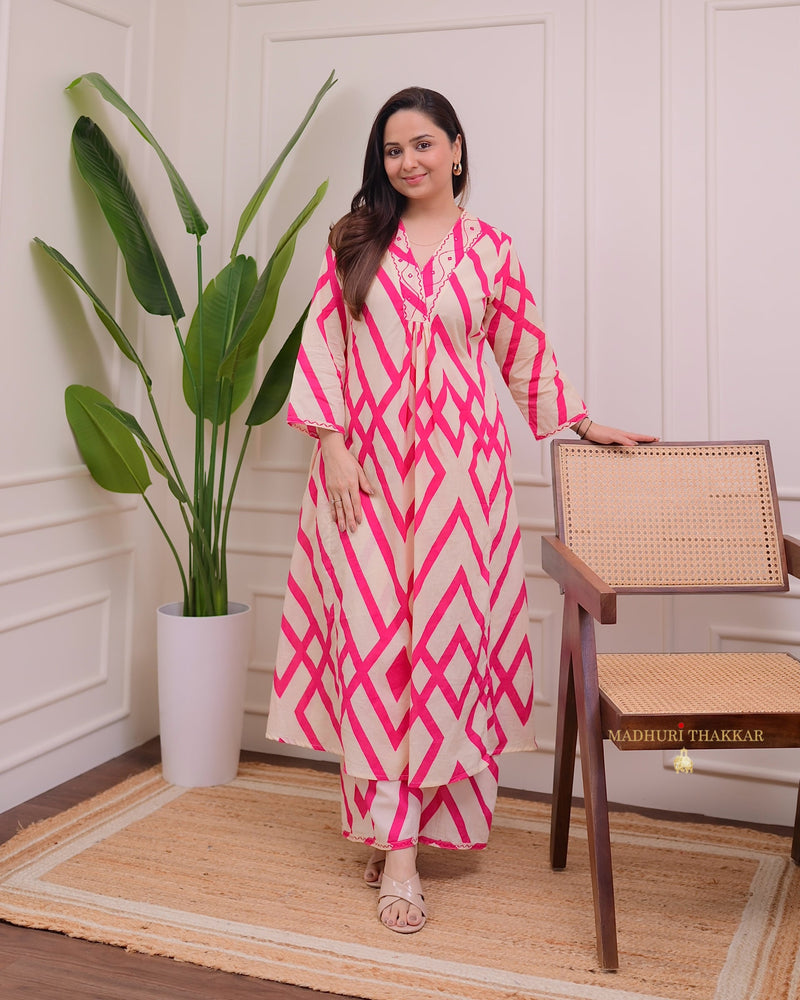 Ivory Pink Zig-Zag Kantha Cotton Palazzo Set