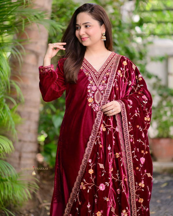 Maroon Thread Embroidered Premium Velvet Suit