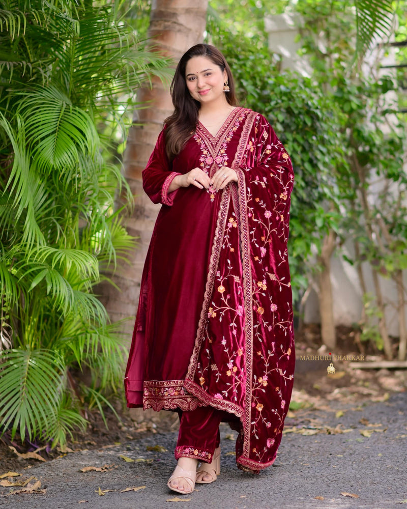 Maroon Thread Embroidered Premium Velvet Suit