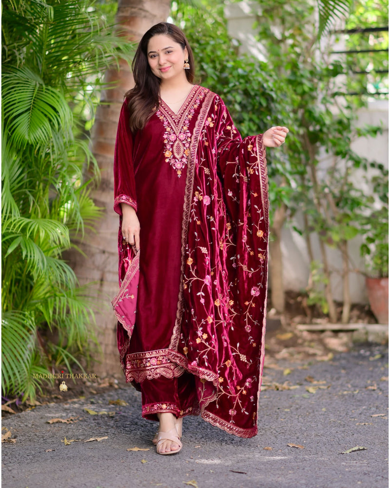 Maroon Thread Embroidered Premium Velvet Suit