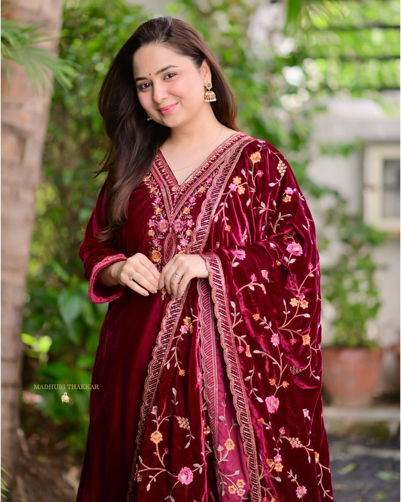 Maroon Thread Embroidered Premium Velvet Suit