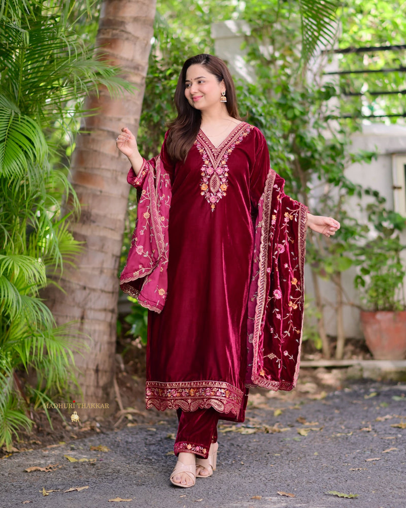 Maroon Thread Embroidered Premium Velvet Suit