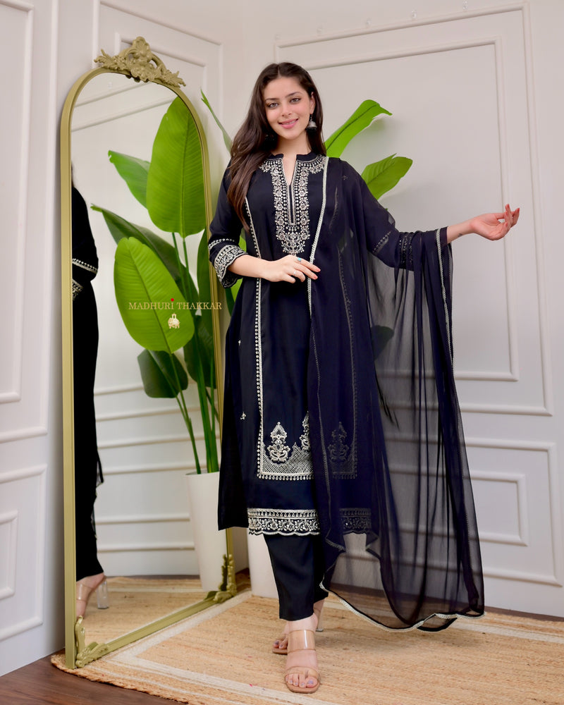 Black Handwork Cotton Silk Festive Suit