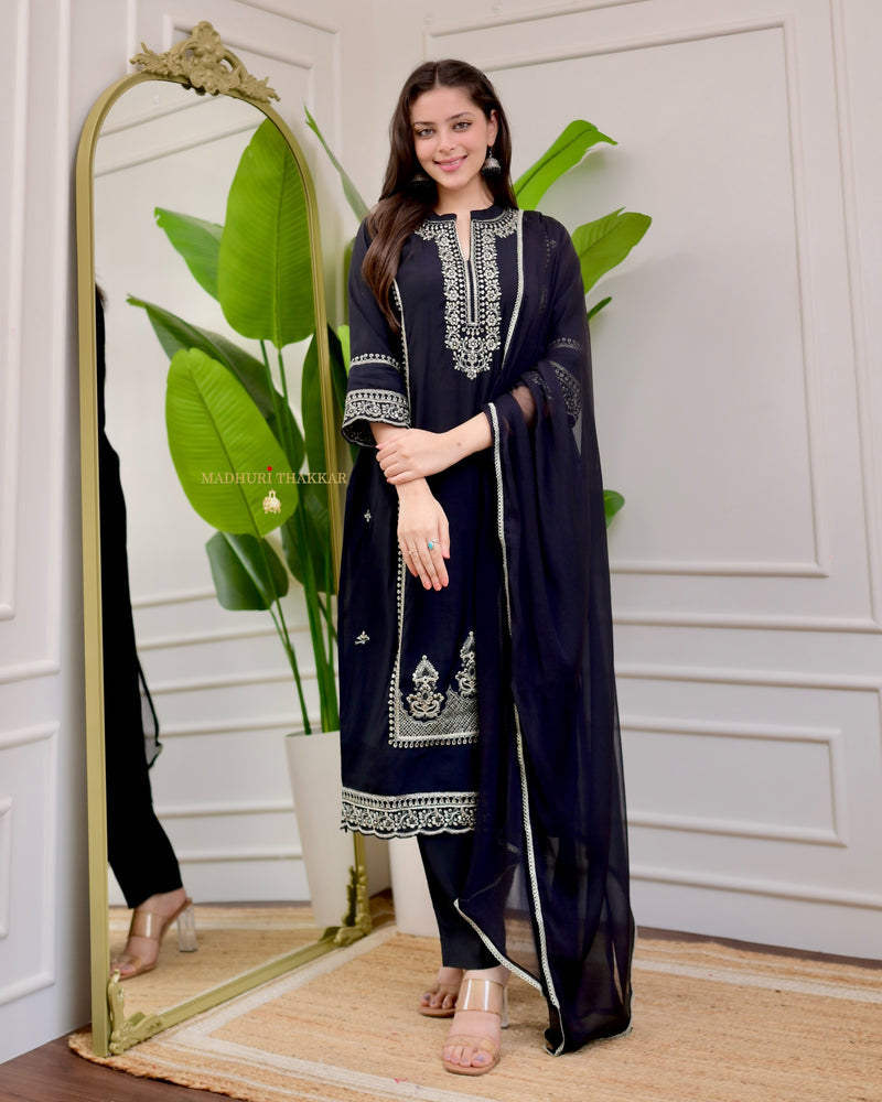 Black Handwork Cotton Silk Festive Suit