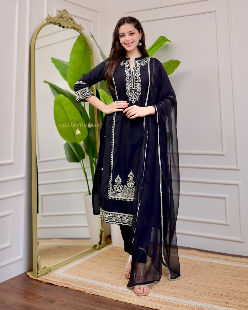 Black Handwork Cotton Silk Festive Suit