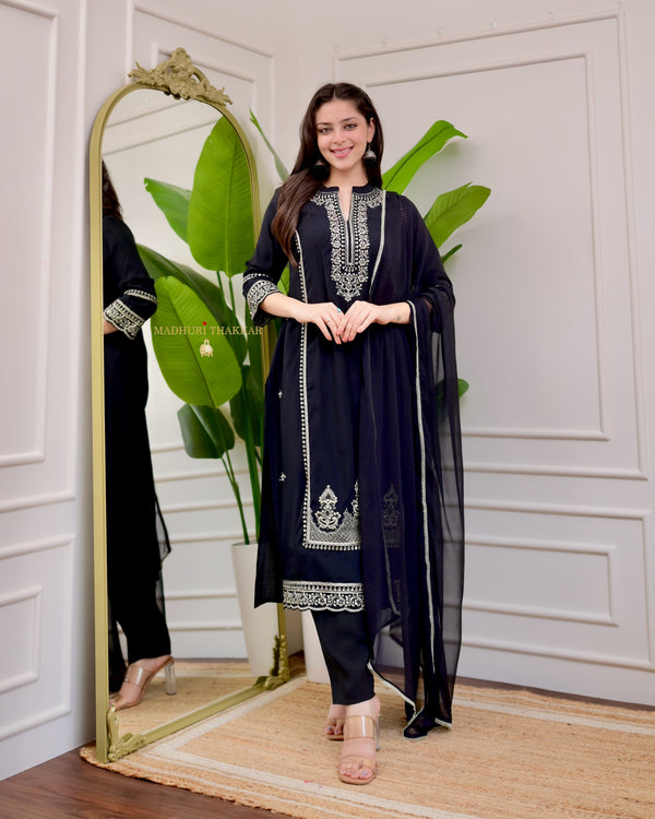 Black Handwork Cotton Silk Festive Suit