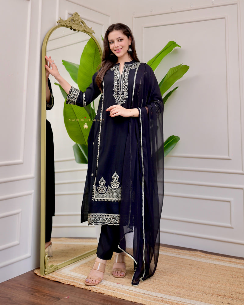 Black Handwork Cotton Silk Festive Suit