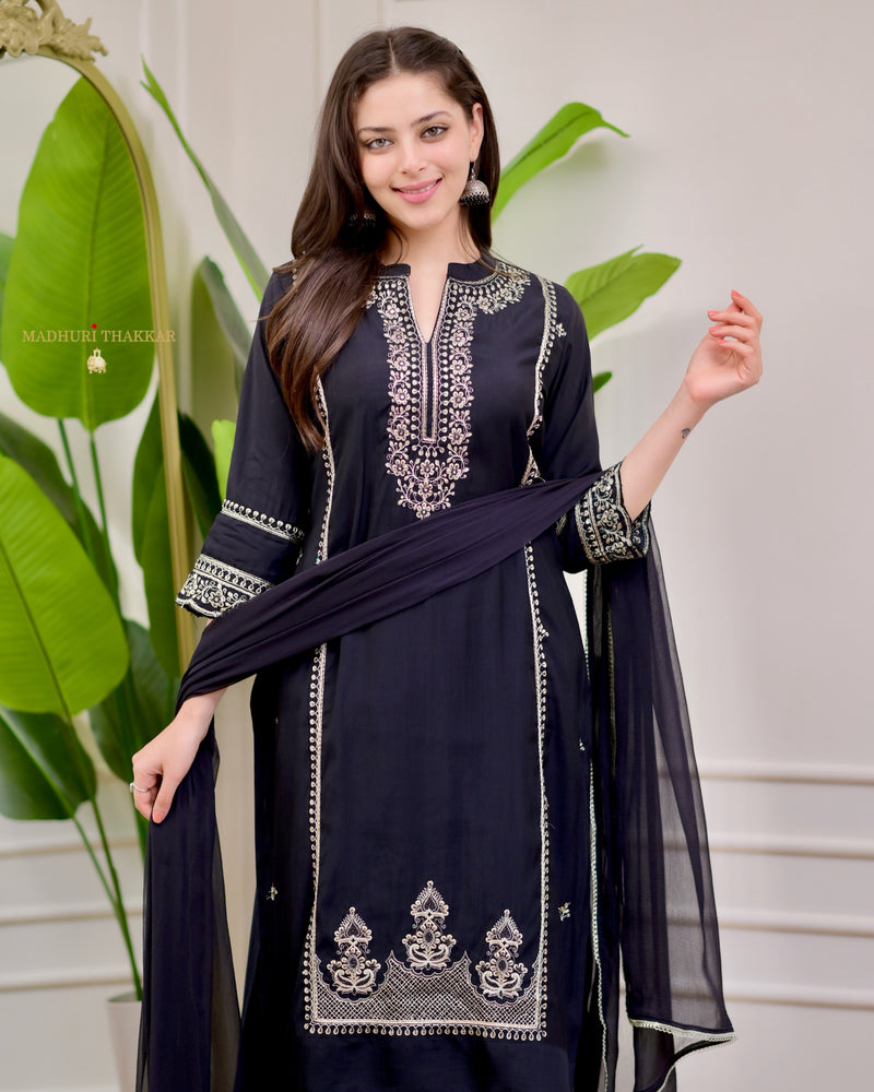 Black Handwork Cotton Silk Festive Suit