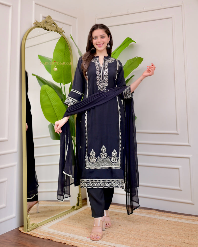 Black Handwork Cotton Silk Festive Suit