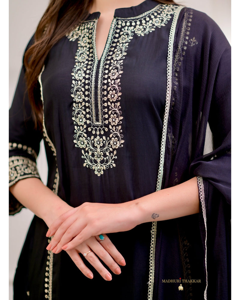 Black Handwork Cotton Silk Festive Suit